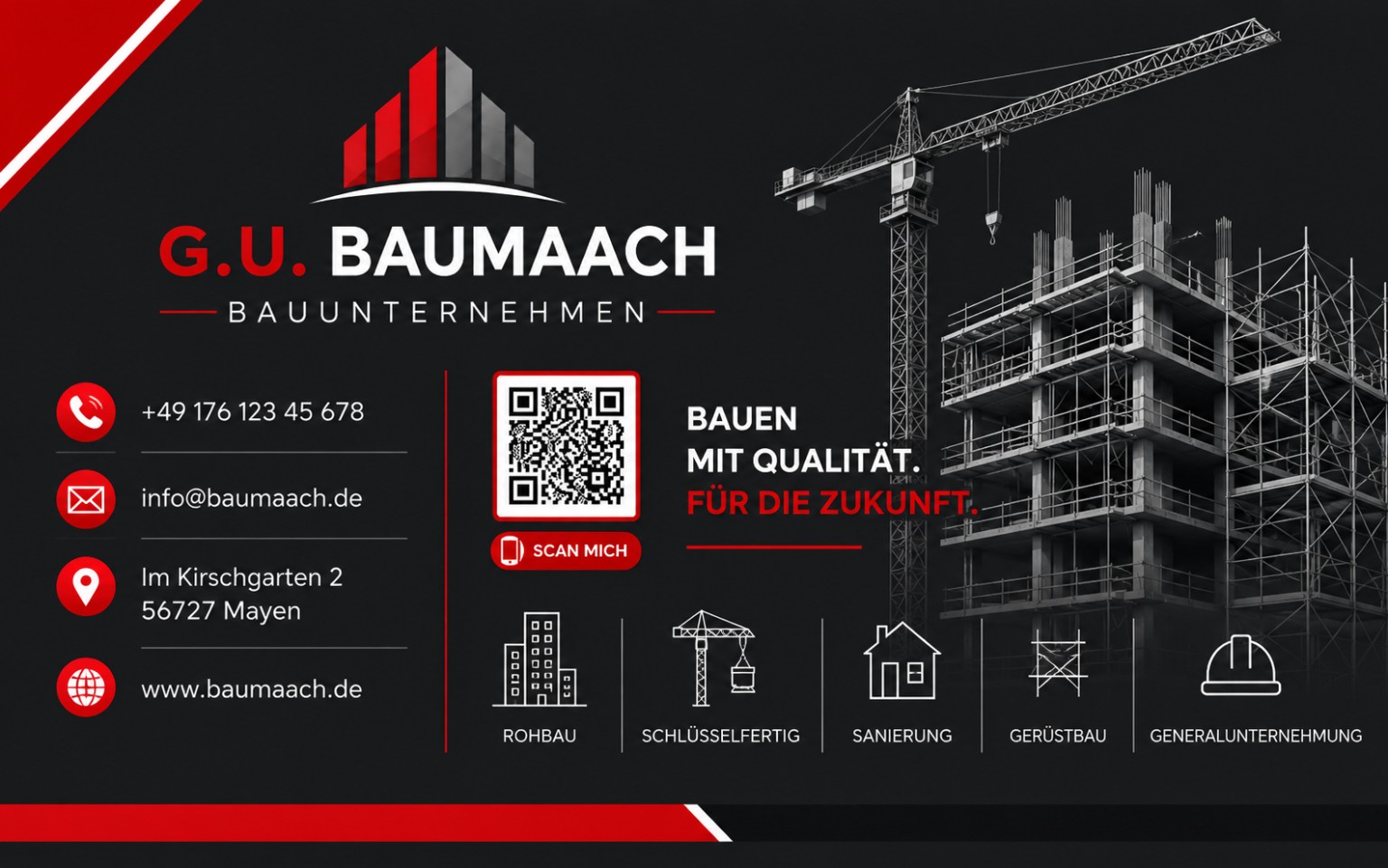 Rohbau und Baukran auf dunklem G.U. Baumaach Markenmotiv