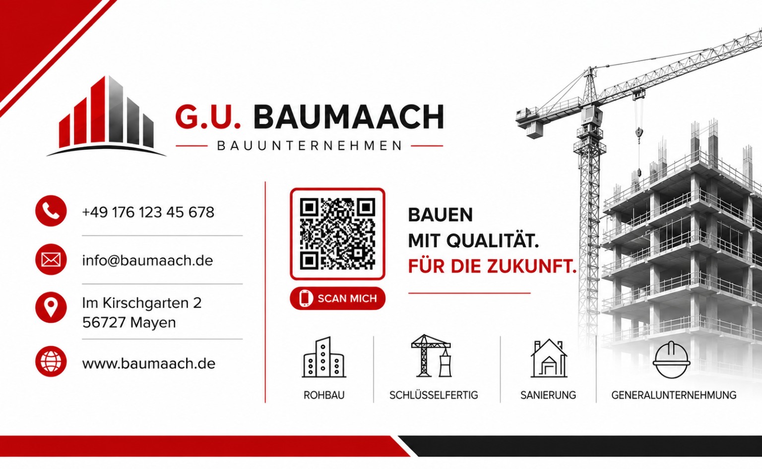 Baukran und moderner Rohbau als G.U. Baumaach Markenmotiv