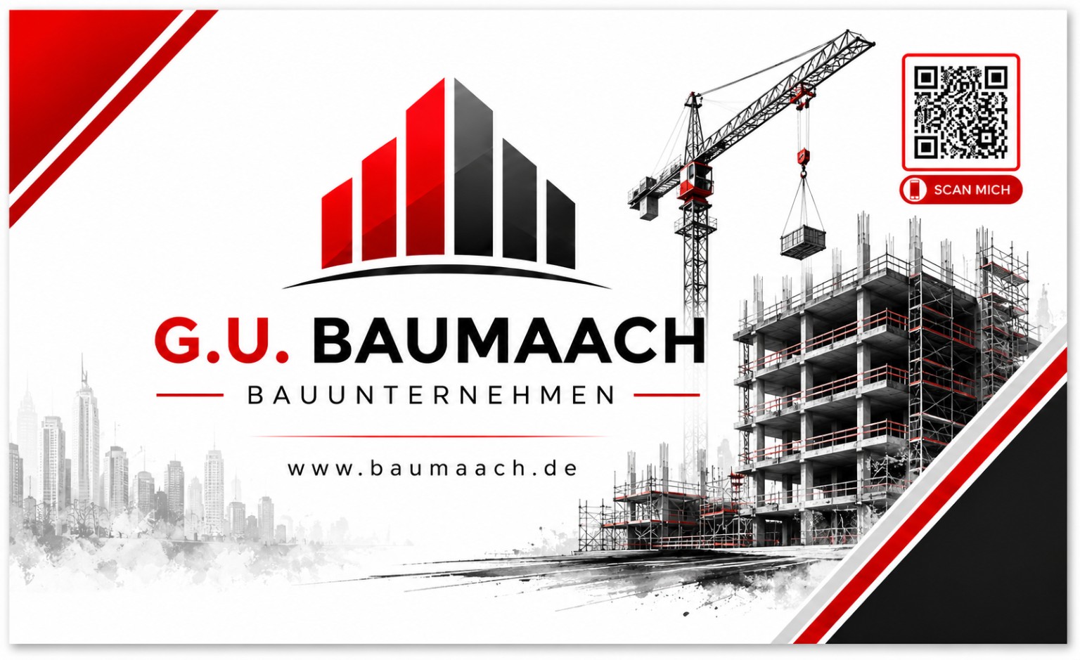 G.U. Baumaach Markenmotiv mit Baukran und Rohbau