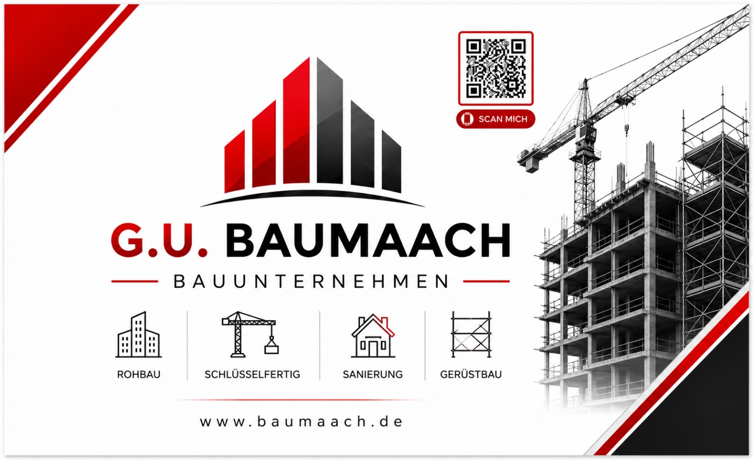 G.U. Baumaach Leistungsübersicht mit Rohbau und Baukran