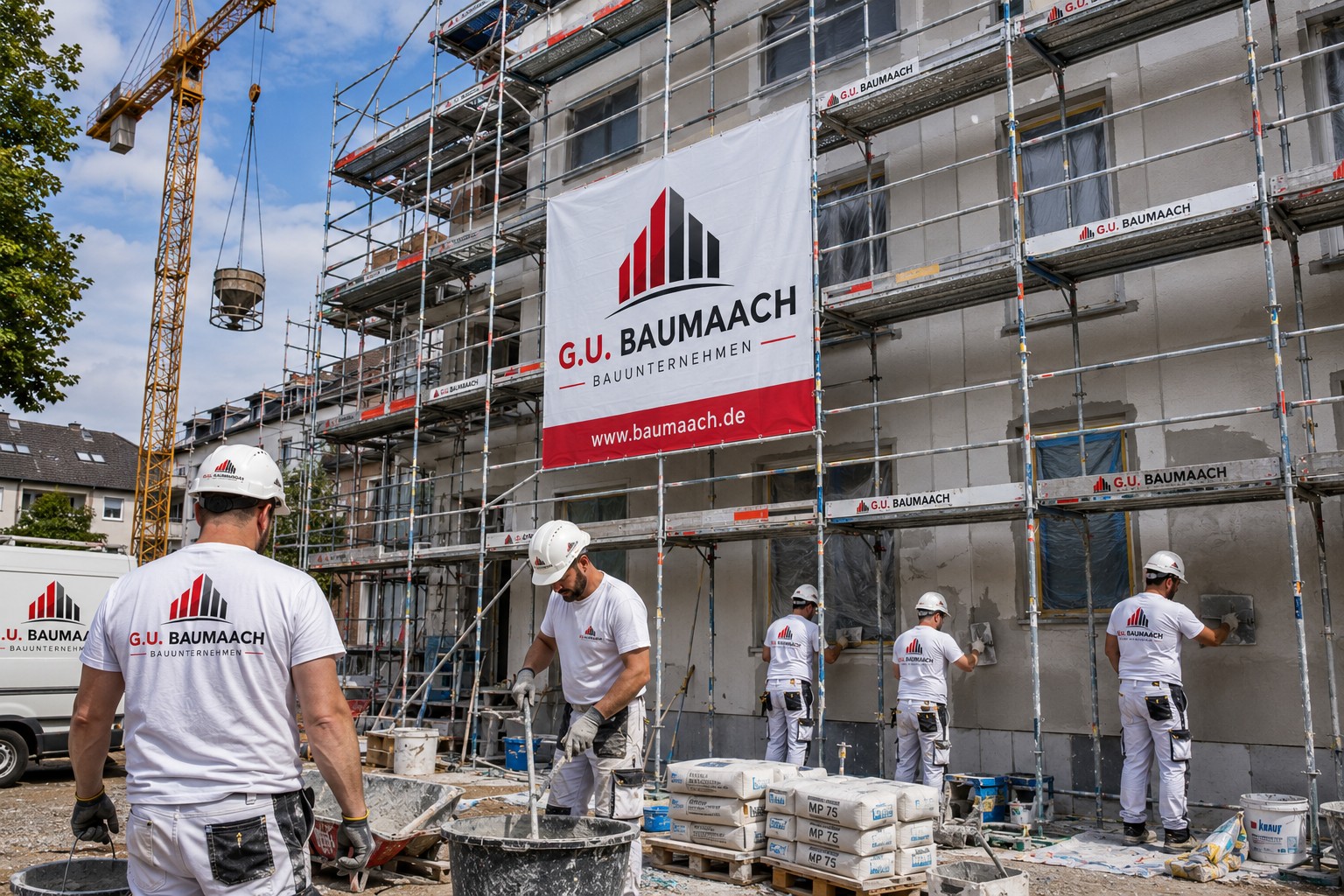 G.U. Baumaach Team bei Arbeiten an einer Gebäudefassade